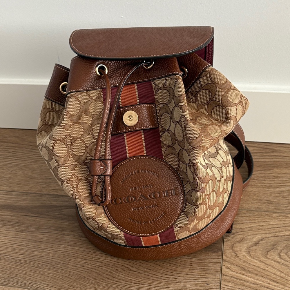 Coach Signature Brown and Tan Backpack with Red Stripe